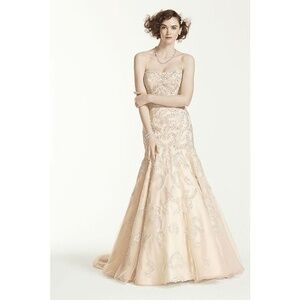 Oleg Cassini Lace‎ and Beaded Trumpet Champagne Wedding Dress